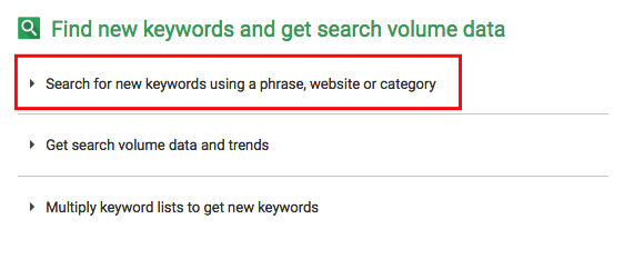 "Search for new keywords using a phrase, website, or category" - GKP
